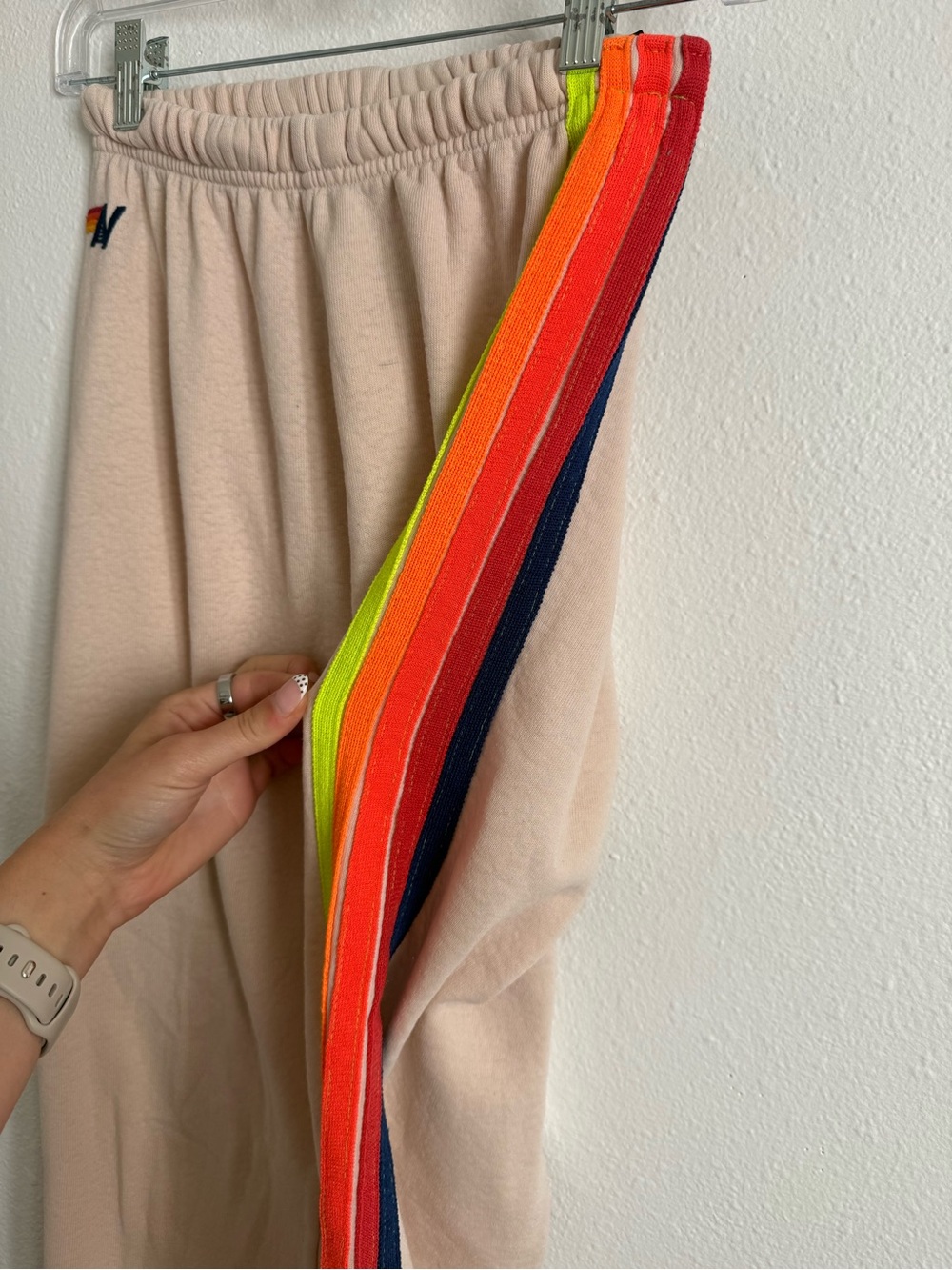 Aviator Nation 5 Stripe Sweatpants In Almond / Neon Rainbow Blue View 4